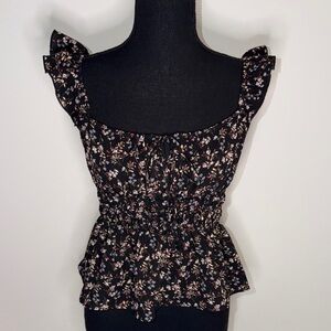 Moa Moa Black Floral Smocked Peplum Tank